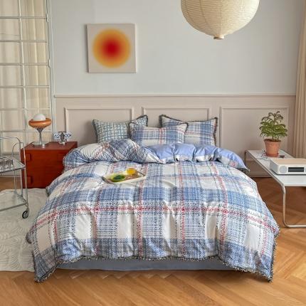 91家纺网 家纺一手货源 找家纺 昔可2022新款流苏小香风系列四件套 英伦蓝格