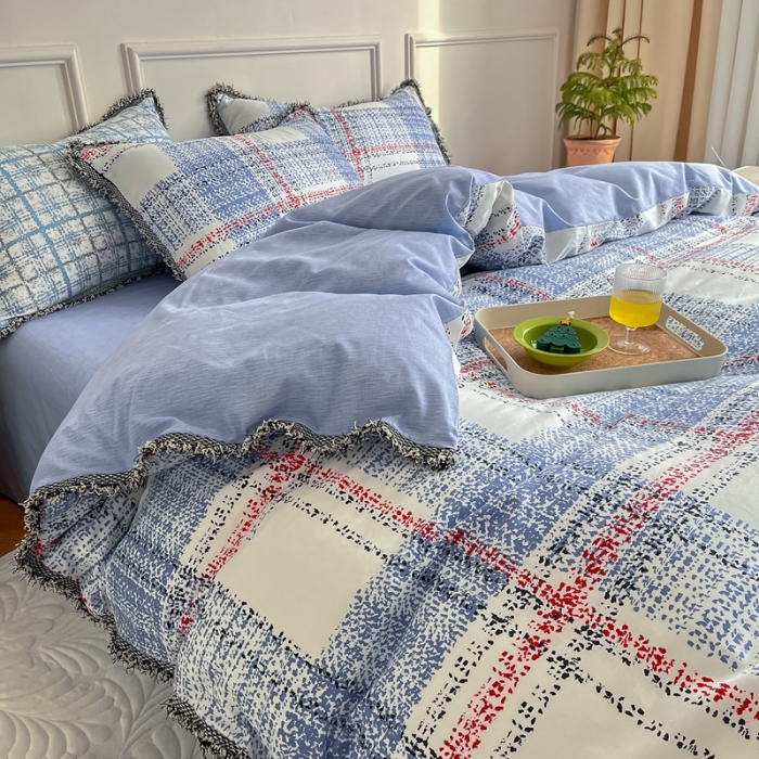 91家纺网 家纺一手货源 找家纺 昔可2022新款流苏小香风系列四件套 英伦蓝格