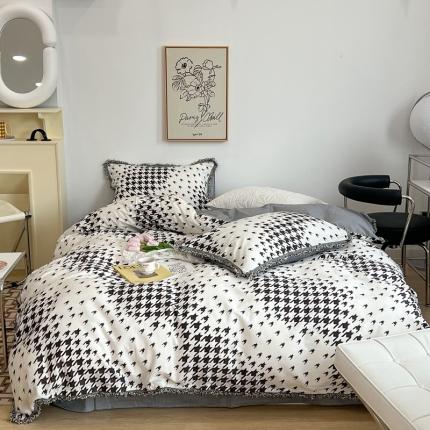 91家纺网 家纺一手货源 找家纺 昔可2022新款流苏小香风系列四件套 迷幻千鸟格 黑