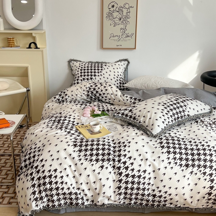 91家纺网 家纺一手货源 找家纺 昔可2022新款流苏小香风系列四件套 迷幻千鸟格 黑