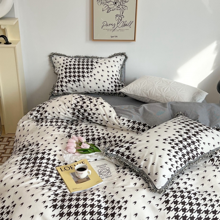 91家纺网 家纺一手货源 找家纺 昔可2022新款流苏小香风系列四件套 迷幻千鸟格 黑