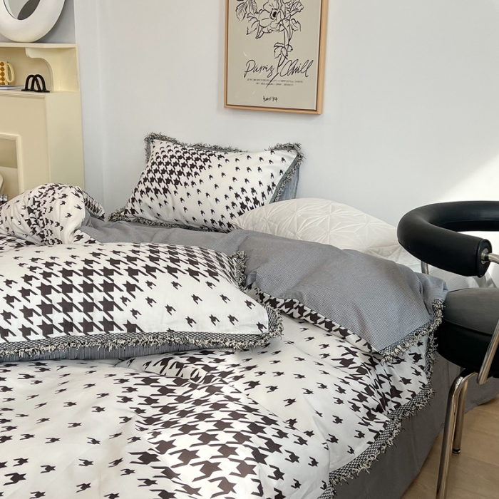 91家纺网 家纺一手货源 找家纺 昔可2022新款流苏小香风系列四件套 迷幻千鸟格 黑