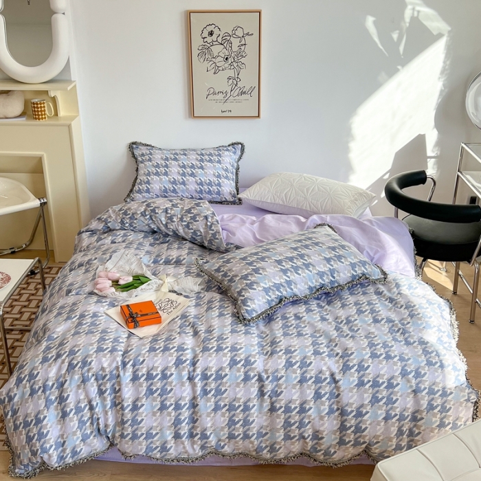 91家纺网 家纺一手货源 找家纺 昔可2022新款流苏小香风系列四件套 涂鸦千鸟格蓝