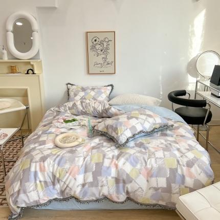 91家纺网 家纺一手货源 找家纺 昔可2022新款流苏小香风系列四件套 涂鸦小格