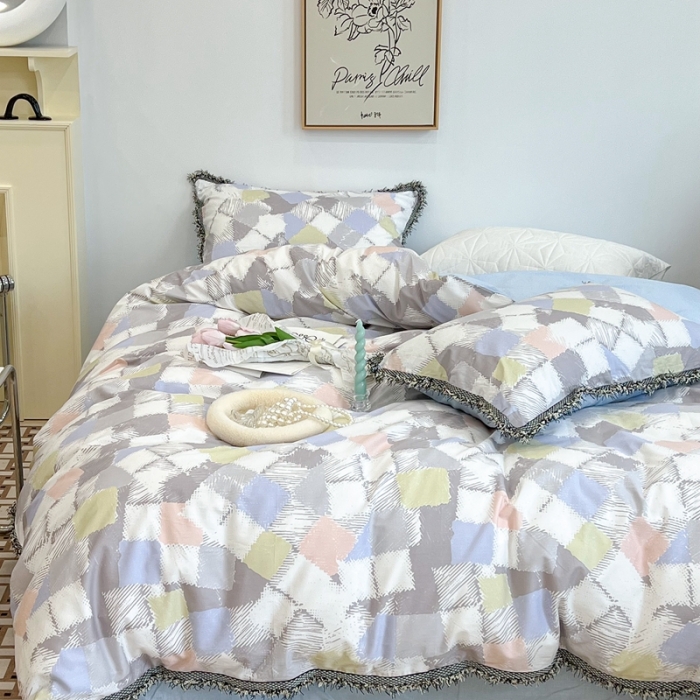 91家纺网 家纺一手货源 找家纺 昔可2022新款流苏小香风系列四件套 涂鸦小格