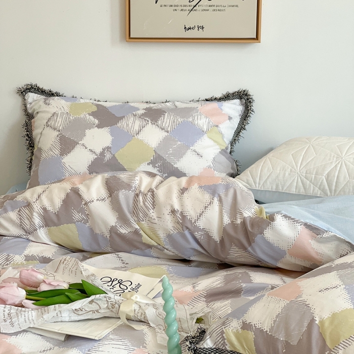 91家纺网 家纺一手货源 找家纺 昔可2022新款流苏小香风系列四件套 涂鸦小格