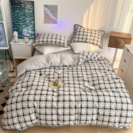 91家纺网 家纺一手货源 找家纺 昔可2022新款流苏小香风系列四件套 香香白格 流苏