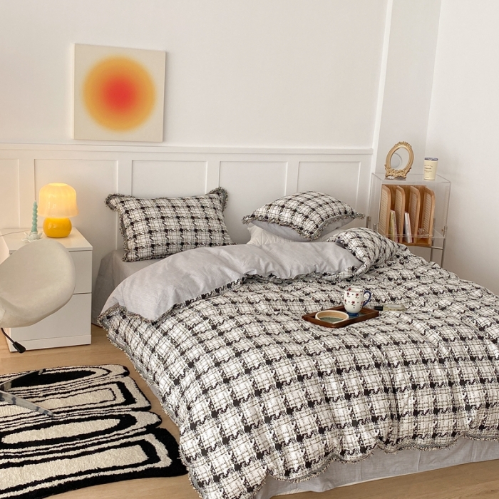 91家纺网 家纺一手货源 找家纺 昔可2022新款流苏小香风系列四件套 香香白格 流苏