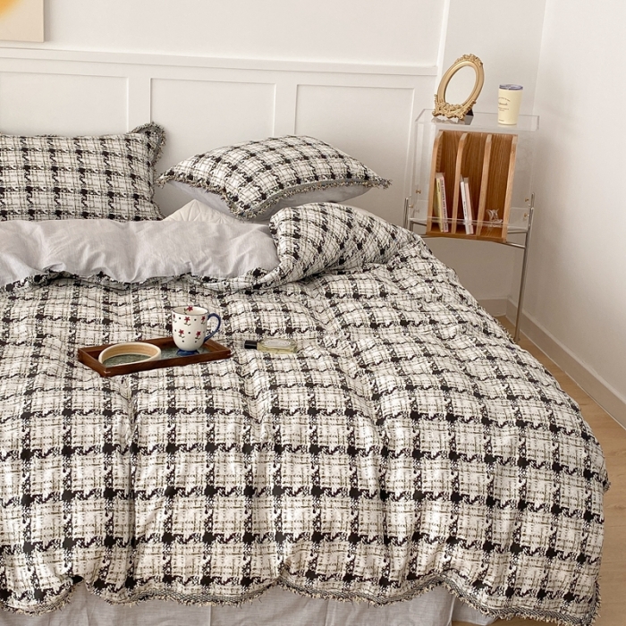 91家纺网 家纺一手货源 找家纺 昔可2022新款流苏小香风系列四件套 香香白格 流苏