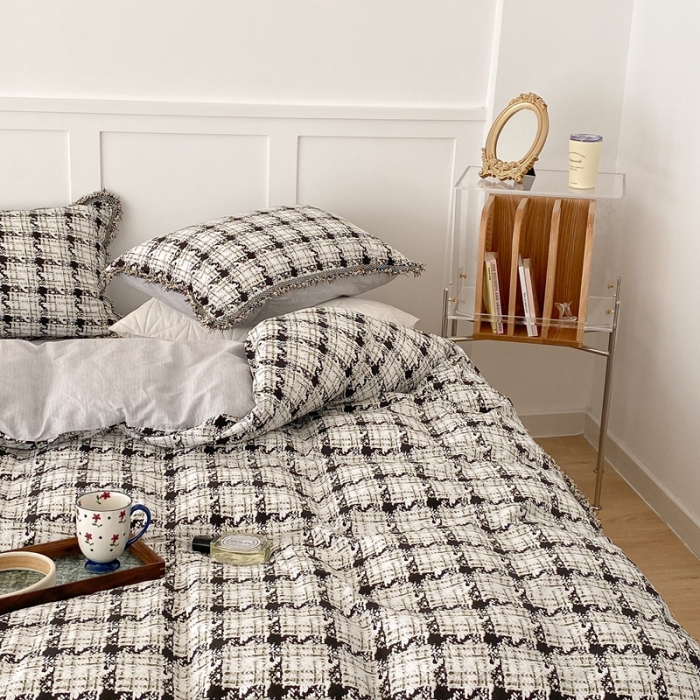 91家纺网 家纺一手货源 找家纺 昔可2022新款流苏小香风系列四件套 香香白格 流苏