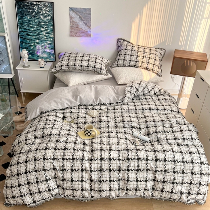 91家纺网 家纺一手货源 找家纺 昔可2022新款流苏小香风系列四件套 香香白格 流苏