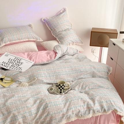 91家纺网 家纺一手货源 找家纺 昔可2022新款流苏小香风系列四件套 香香粉兰 流苏