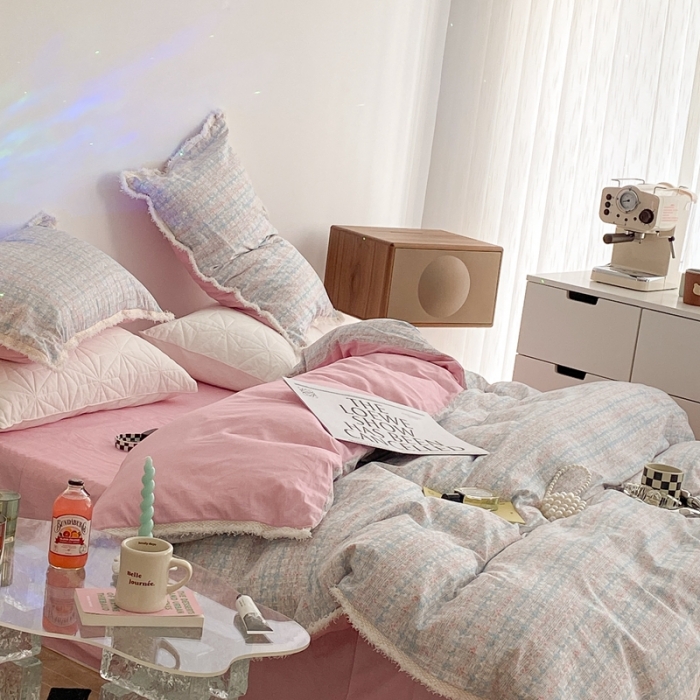 91家纺网 家纺一手货源 找家纺 昔可2022新款流苏小香风系列四件套 香香粉兰 流苏