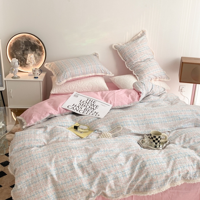 91家纺网 家纺一手货源 找家纺 昔可2022新款流苏小香风系列四件套 香香粉兰 流苏