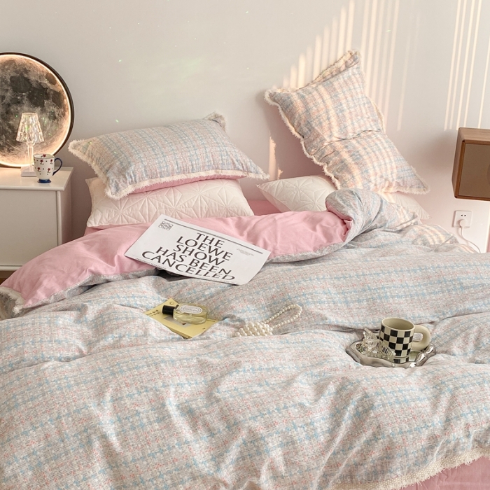 91家纺网 家纺一手货源 找家纺 昔可2022新款流苏小香风系列四件套 香香粉兰 流苏