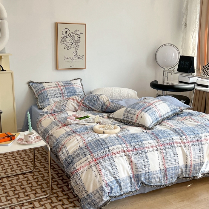 91家纺网 家纺一手货源 找家纺 昔可2022新款流苏小香风系列四件套 英伦蓝格