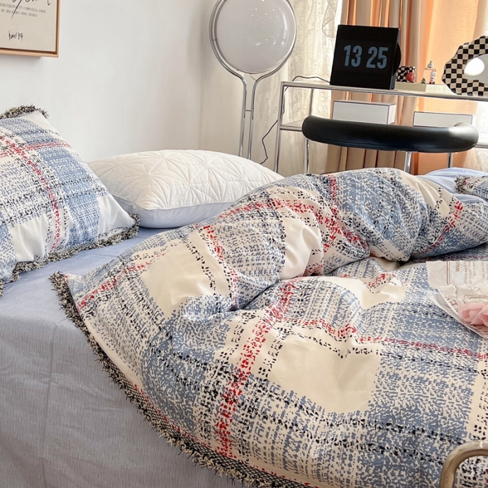 91家纺网 家纺一手货源 找家纺 昔可2022新款流苏小香风系列四件套 英伦蓝格