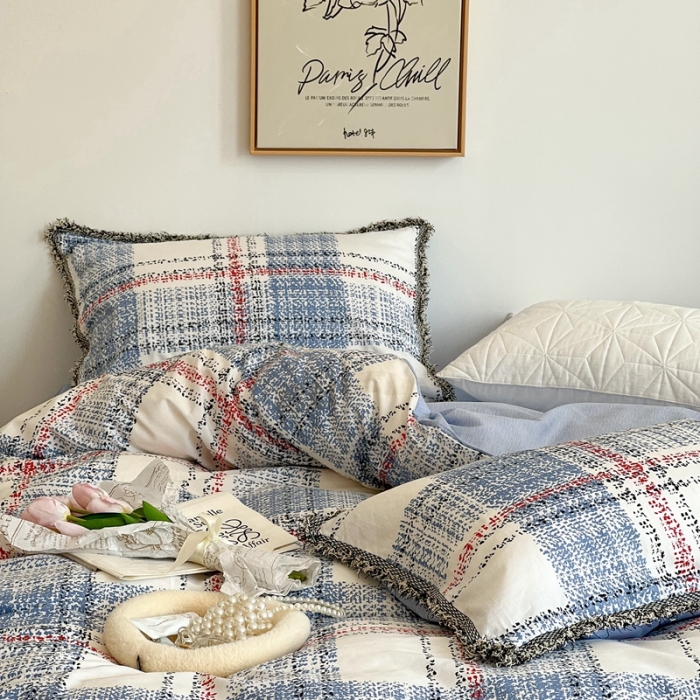 91家纺网 家纺一手货源 找家纺 昔可2022新款流苏小香风系列四件套 英伦蓝格