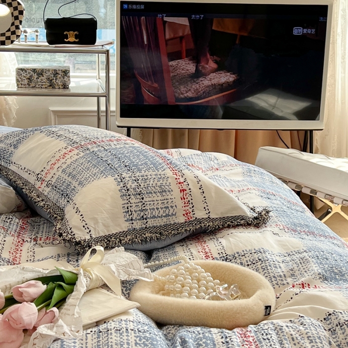 91家纺网 家纺一手货源 找家纺 昔可2022新款流苏小香风系列四件套 英伦蓝格