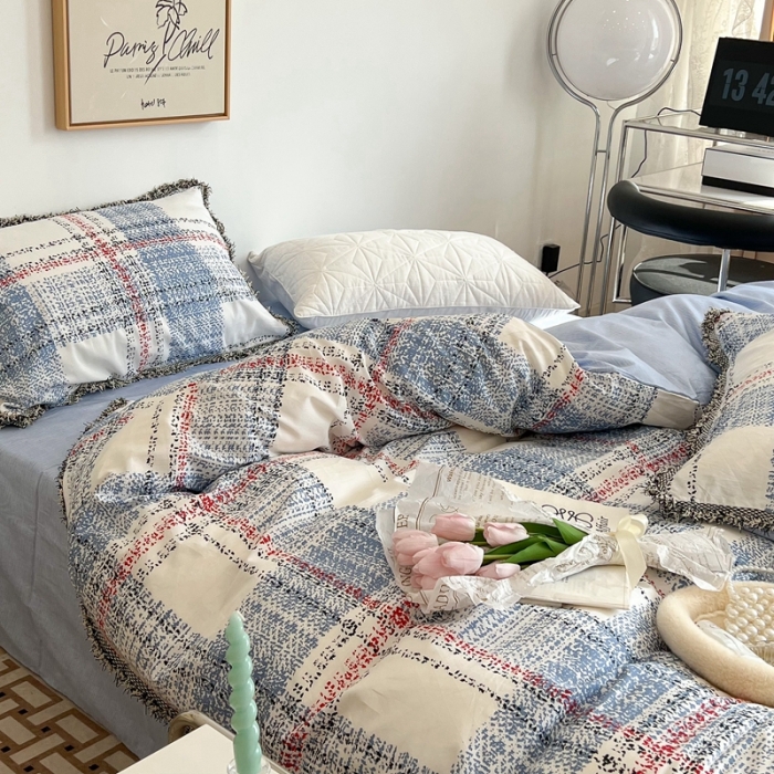 91家纺网 家纺一手货源 找家纺 昔可2022新款流苏小香风系列四件套 英伦蓝格