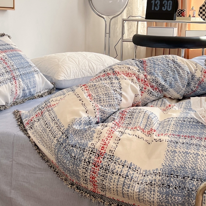 91家纺网 家纺一手货源 找家纺 昔可2022新款流苏小香风系列四件套 英伦蓝格