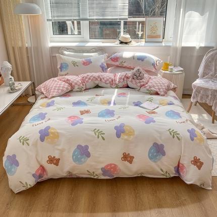 91家纺网 家纺一手货源 找家纺 BOSS 2024新款小清新斜纹全棉四件套 草莓熊