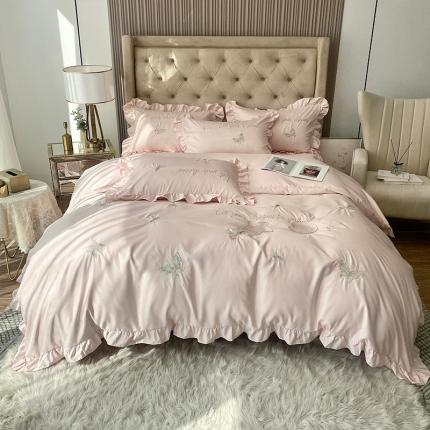 91家纺网 家纺一手货源 找家纺 （总）理想家2022新款冰丝刺绣花边蝴蝶四件套