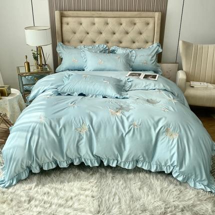 91家纺网 家纺一手货源 找家纺 理想家2022新款冰丝刺绣花边蝴蝶四件套 绿