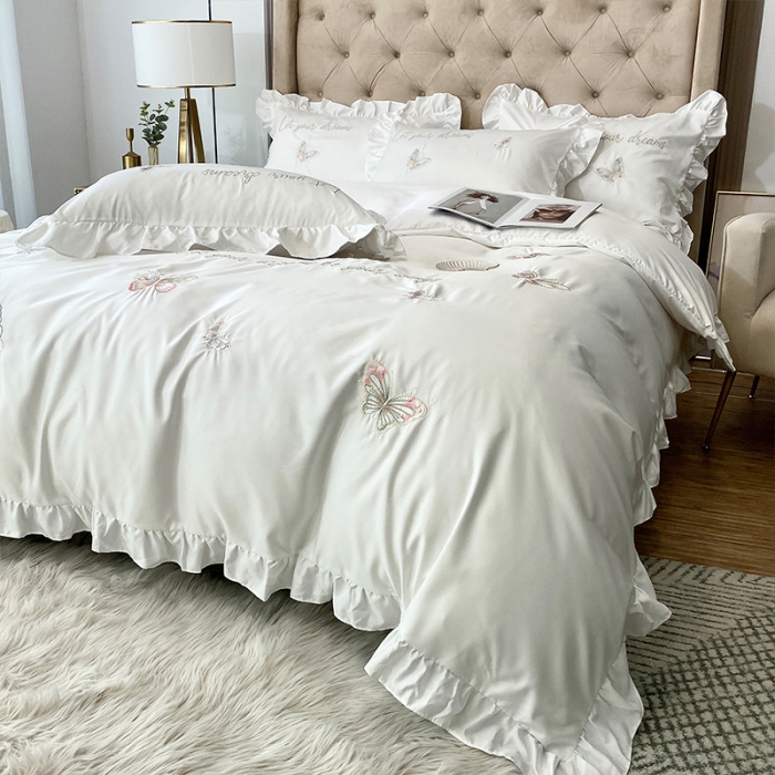 91家纺网 家纺一手货源 找家纺 （总）理想家2022新款冰丝刺绣花边蝴蝶四件套