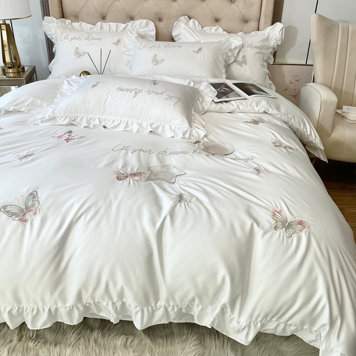 91家纺网 家纺一手货源 找家纺 （总）理想家2022新款冰丝刺绣花边蝴蝶四件套