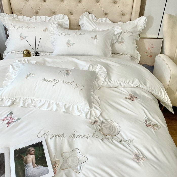 91家纺网 家纺一手货源 找家纺 （总）理想家2022新款冰丝刺绣花边蝴蝶四件套