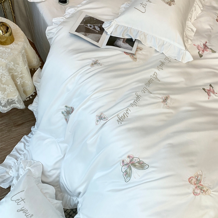 91家纺网 家纺一手货源 找家纺 （总）理想家2022新款冰丝刺绣花边蝴蝶四件套