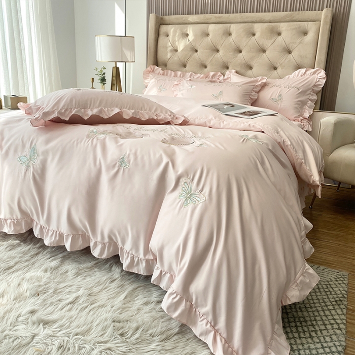 91家纺网 家纺一手货源 找家纺 理想家2022新款冰丝刺绣花边蝴蝶四件套 粉