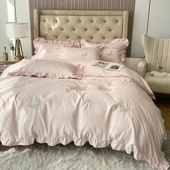 91家纺网 家纺一手货源 找家纺 理想家2022新款冰丝刺绣花边蝴蝶四件套 粉