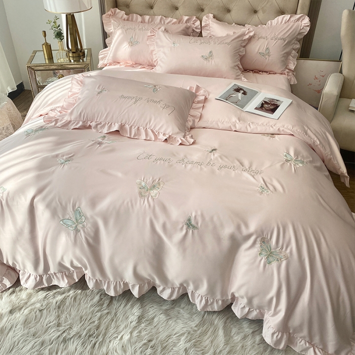 91家纺网 家纺一手货源 找家纺 理想家2022新款冰丝刺绣花边蝴蝶四件套 粉