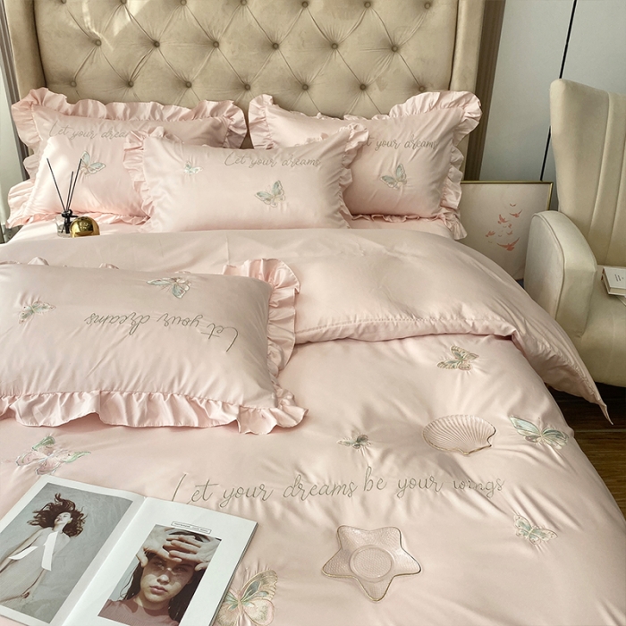 91家纺网 家纺一手货源 找家纺 理想家2022新款冰丝刺绣花边蝴蝶四件套 粉