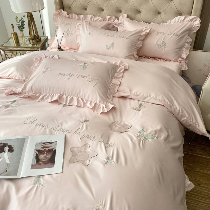 91家纺网 家纺一手货源 找家纺 理想家2022新款冰丝刺绣花边蝴蝶四件套 粉