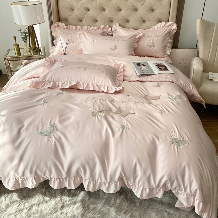 91家纺网 家纺一手货源 找家纺 理想家2022新款冰丝刺绣花边蝴蝶四件套 粉