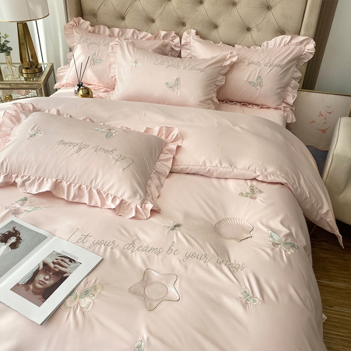 91家纺网 家纺一手货源 找家纺 理想家2022新款冰丝刺绣花边蝴蝶四件套 粉