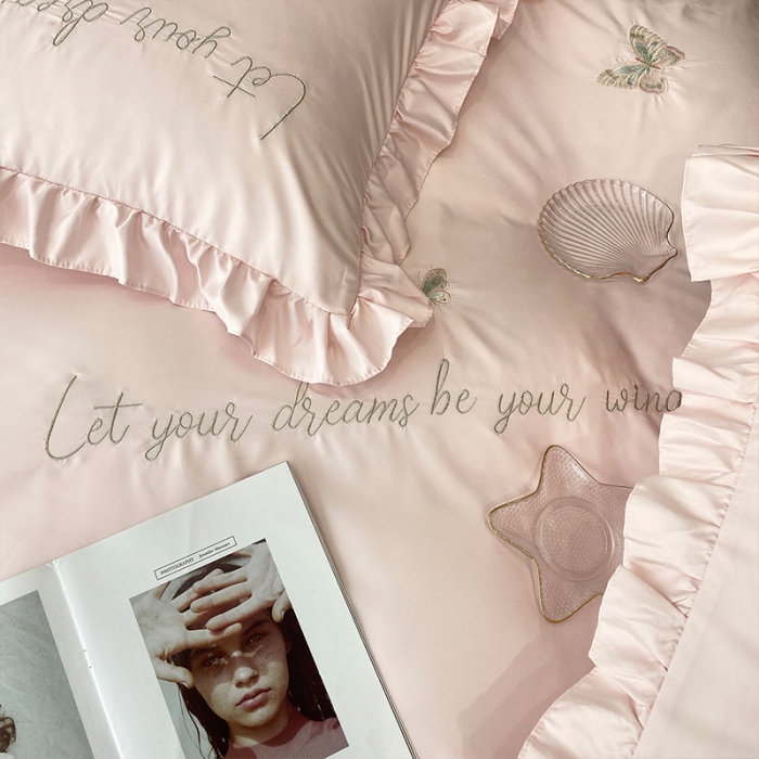 91家纺网 家纺一手货源 找家纺 理想家2022新款冰丝刺绣花边蝴蝶四件套 粉