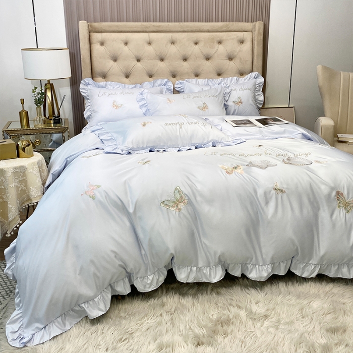 91家纺网 家纺一手货源 找家纺 理想家2022新款冰丝刺绣花边蝴蝶四件套 蓝