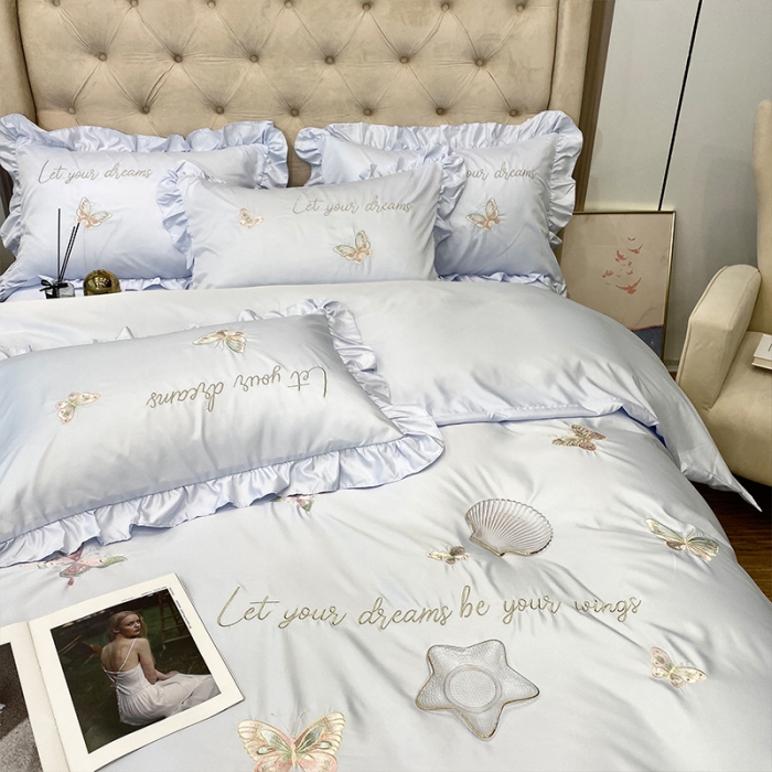 91家纺网 家纺一手货源 找家纺 理想家2022新款冰丝刺绣花边蝴蝶四件套 蓝