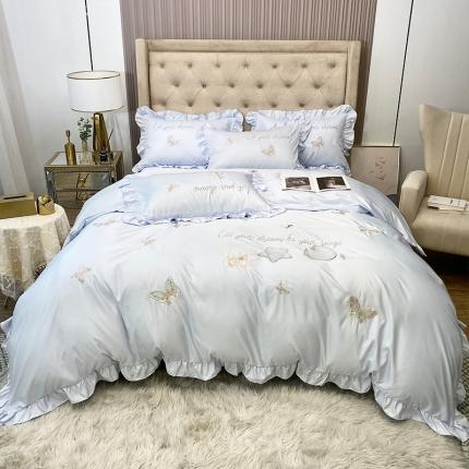 理想家2022新款冰丝刺绣花边蝴蝶四件套 蓝