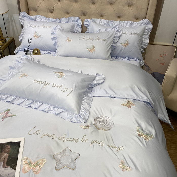 91家纺网 家纺一手货源 找家纺 理想家2022新款冰丝刺绣花边蝴蝶四件套 蓝