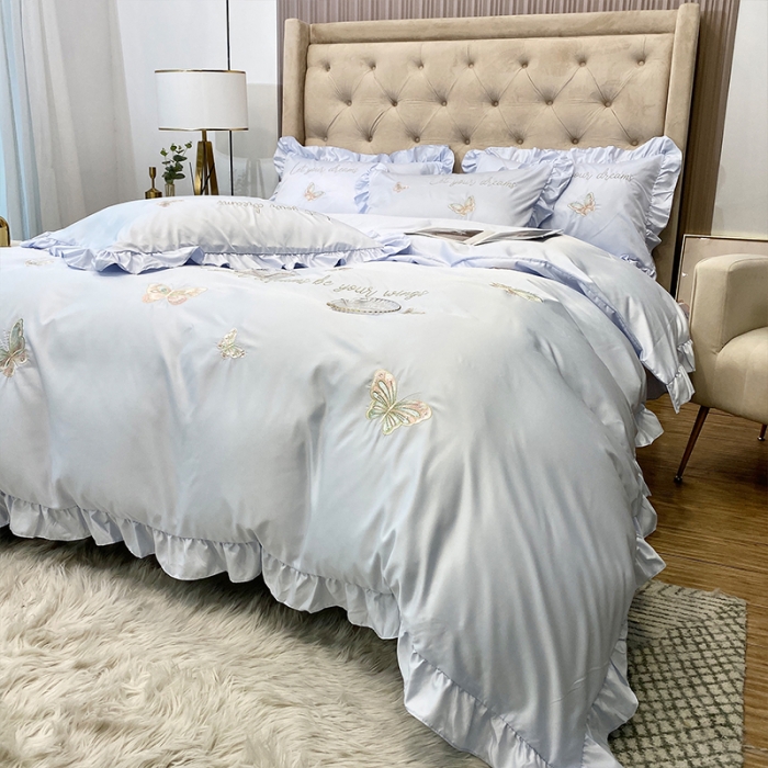 91家纺网 家纺一手货源 找家纺 理想家2022新款冰丝刺绣花边蝴蝶四件套 蓝