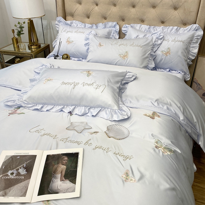 91家纺网 家纺一手货源 找家纺 理想家2022新款冰丝刺绣花边蝴蝶四件套 蓝