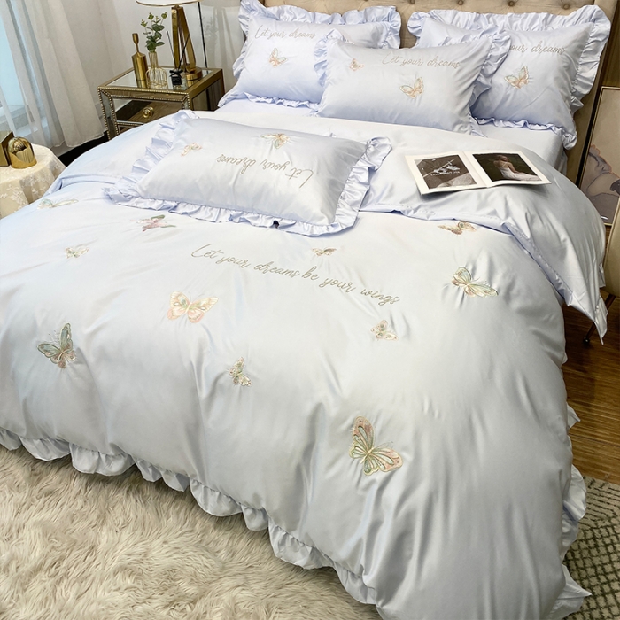 91家纺网 家纺一手货源 找家纺 理想家2022新款冰丝刺绣花边蝴蝶四件套 蓝