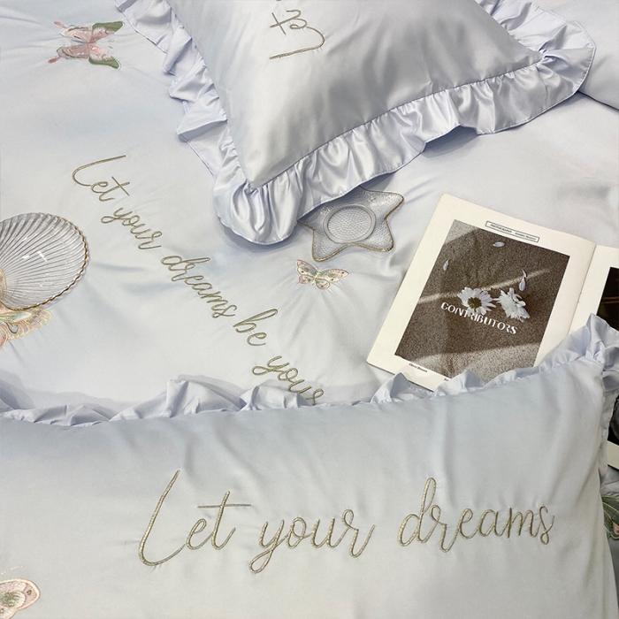 91家纺网 家纺一手货源 找家纺 理想家2022新款冰丝刺绣花边蝴蝶四件套 蓝