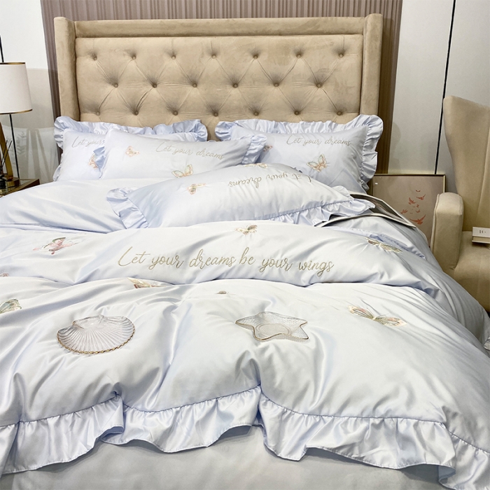 91家纺网 家纺一手货源 找家纺 理想家2022新款冰丝刺绣花边蝴蝶四件套 蓝