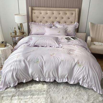 理想家2022新款冰丝刺绣花边蝴蝶四件套 紫